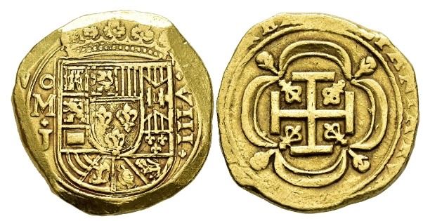 Anverso y reverso de 8 escudos de Felipe V, México, ensayador J
